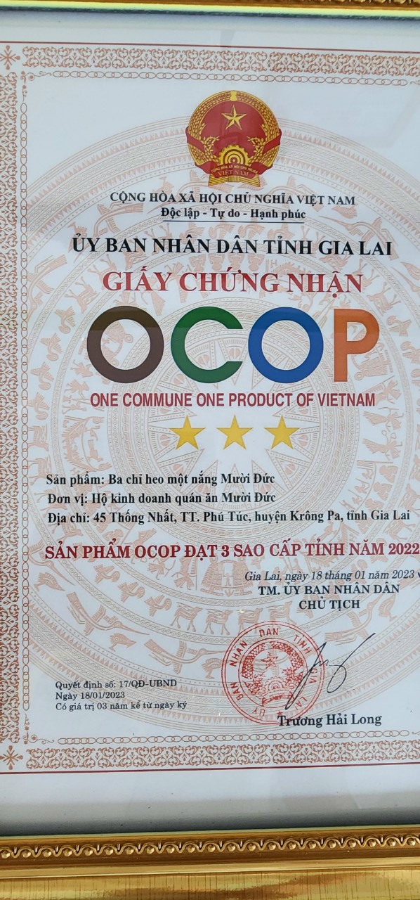 Chứng nhận OCOP 3 sao sản phẩm thịt bò một nắng Mười Đức Gia Lai năm 2022